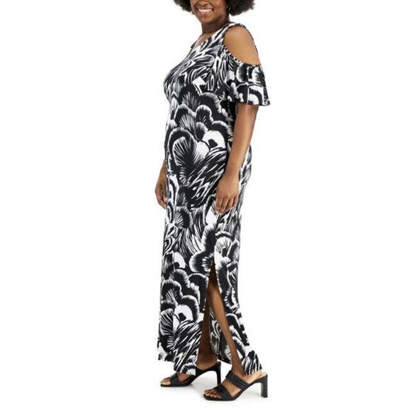 Connected Apparel Women's Black/White Cold Shoulder Midi Dress Plus Size 18W NEW - Picture 2 of 7